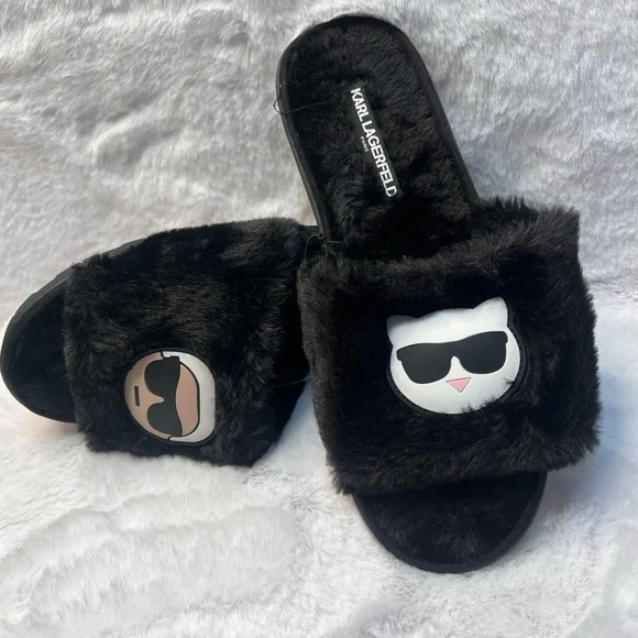 Karl Lagerfeld | Shoes | Karl Lagerfeld Black Furry Slides  display picture 1